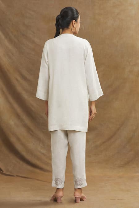 Linen Bloom_Beige Linen Embroidery Mandarin Collar Floral Bling Shirt _Online_at_Aza_Fashions