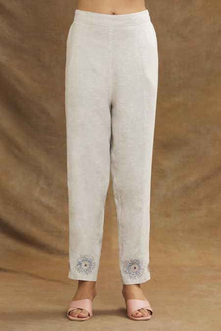 Shop Linen Bloom Beige Linen Embroidery Floral Bling Pant Online at Aza Fashions Shop_Linen Bloom_Beige Linen Embroidery Floral Bling Pant _Online_at_Aza_Fashions