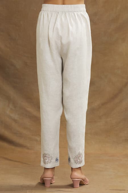 Buy Linen Bloom Beige Linen Embroidery Floral Bling Pant Buy_Linen Bloom_Beige Linen Embroidery Floral Bling Pant