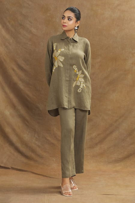 Linen Bloom_Green Linen Straight Pant _Online_at_Aza_Fashions