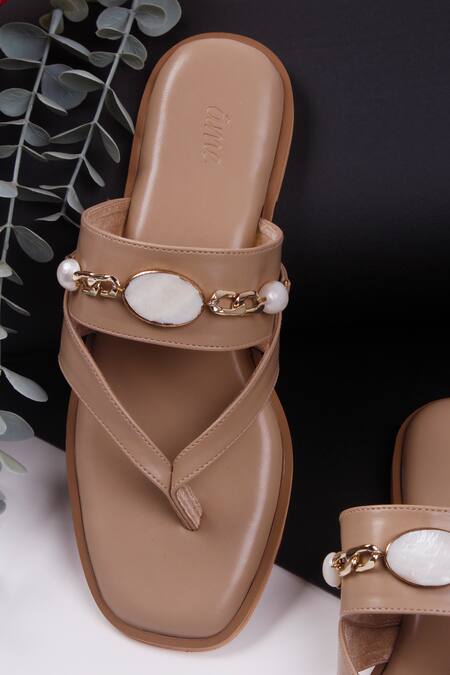 Shop_Ame_Beige Mother Of Pearl Studded Flats_Online_at_Aza_Fashions