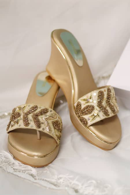 Buy Gold Sequins Rani Embellished Wedges by Foot Fuel Online at