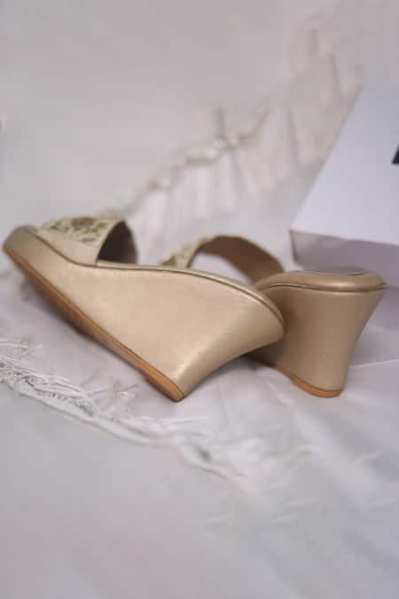 Foot Fuel_Gold Pearls, Sequins Rani Embellished Wedges _Online_at_Aza_Fashions