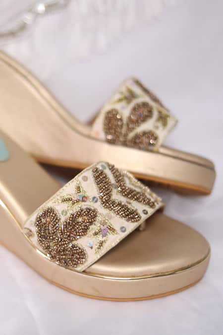 Buy_Foot Fuel_Gold Pearls, Sequins Rani Embellished Wedges _Online_at_Aza_Fashions