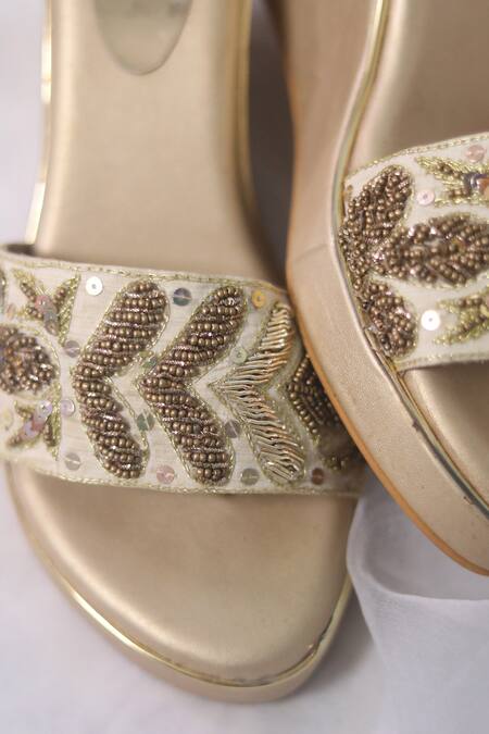 Shop_Foot Fuel_Gold Pearls, Sequins Rani Embellished Wedges _Online_at_Aza_Fashions