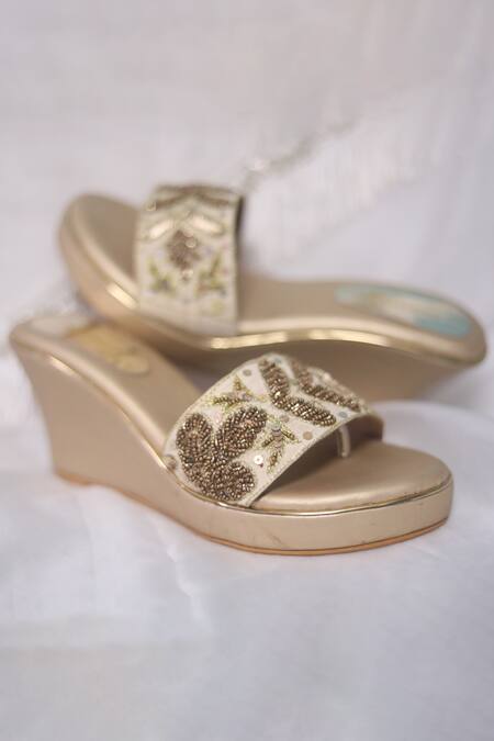 Foot Fuel_Gold Pearls, Sequins Rani Embellished Wedges _at_Aza_Fashions