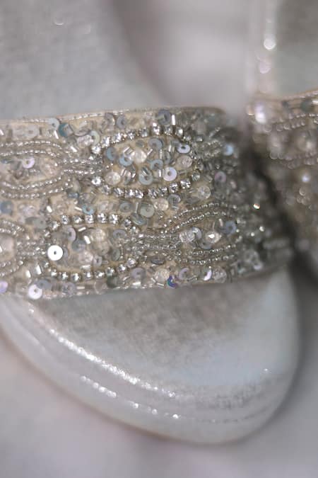 Foot Fuel_Silver Sequins, Beads Dulari Embellished Wedges _at_Aza_Fashions