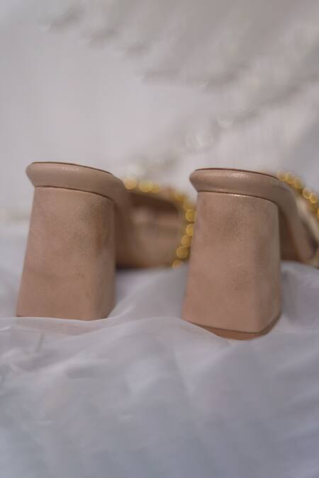 Foot Fuel_Gold Crystals, Pearls Dilbar Embellished Block Heels _Online_at_Aza_Fashions