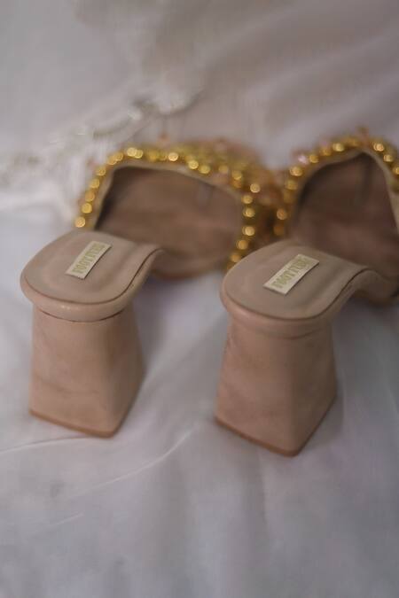 Buy_Foot Fuel_Gold Crystals, Pearls Dilbar Embellished Block Heels _Online_at_Aza_Fashions