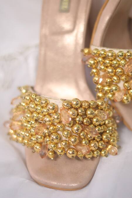 Shop_Foot Fuel_Gold Crystals, Pearls Dilbar Embellished Block Heels _Online_at_Aza_Fashions