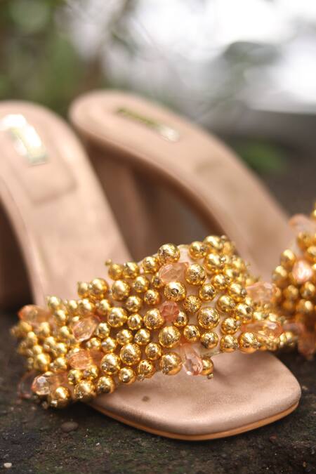 Foot Fuel_Gold Crystals, Pearls Dilbar Embellished Block Heels _at_Aza_Fashions