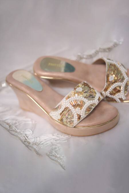 Buy_Foot Fuel_Gold Pearls, Sequins Dil Tod Embellished Wedges _Online_at_Aza_Fashions