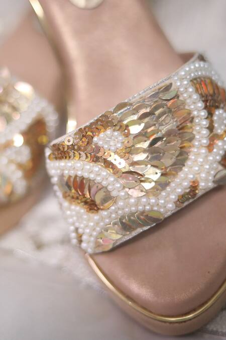 Shop_Foot Fuel_Gold Pearls, Sequins Dil Tod Embellished Wedges _Online_at_Aza_Fashions