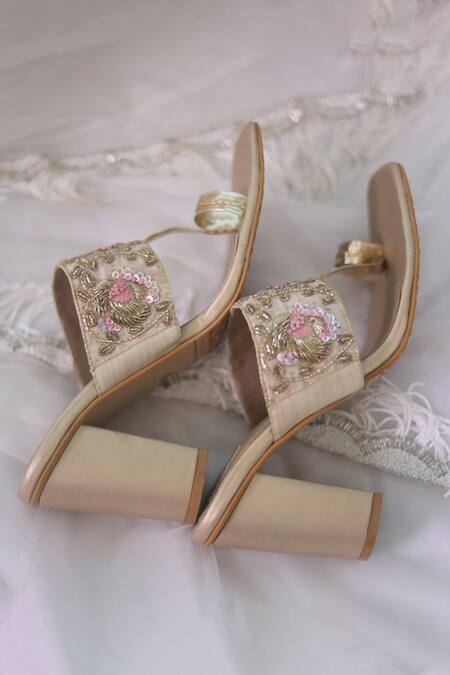Buy_Foot Fuel_Gold Beads, Zari, Embroidery Ekraar Hand Embellished Block Heels _Online_at_Aza_Fashions