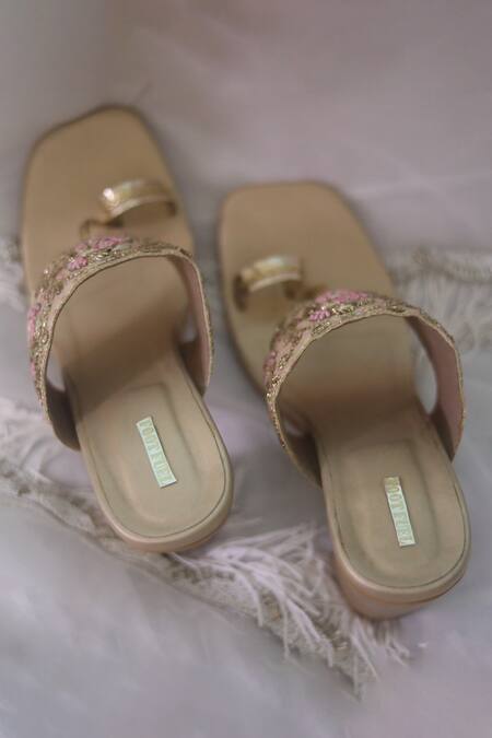 Foot Fuel_Gold Beads, Zari, Embroidery Ekraar Hand Embellished Block Heels _at_Aza_Fashions