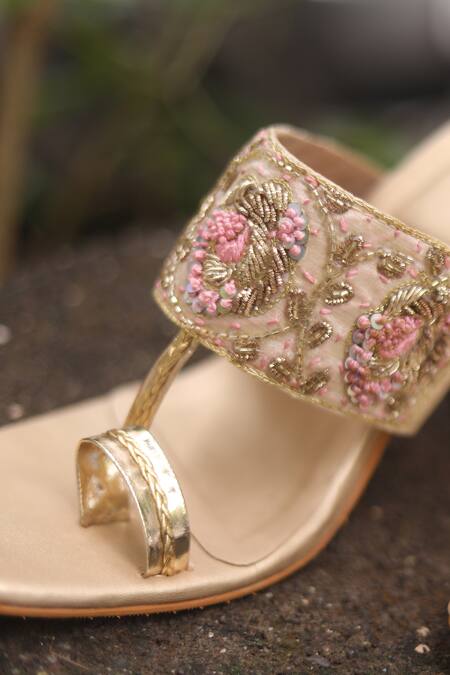 Shop_Foot Fuel_Gold Beads, Zari, Embroidery Ekraar Hand Embellished Block Heels 