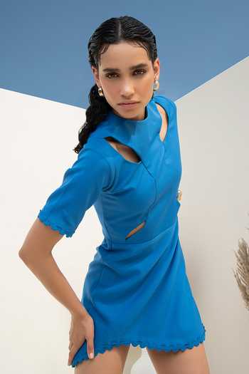 Intrinsic India_Blue Crepe Plain Zero Neck Gaia Front Cutout Dress _Online_at_Aza_Fashions