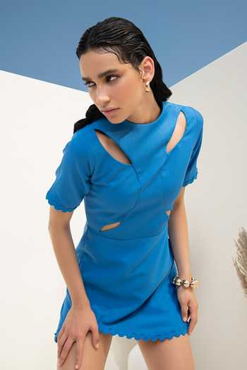 Buy_Intrinsic India_Blue Crepe Plain Zero Neck Gaia Front Cutout Dress _Online_at_Aza_Fashions