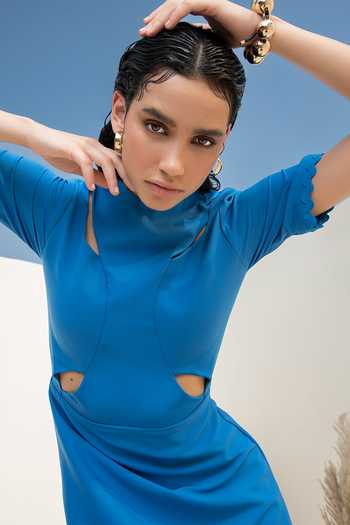 Shop_Intrinsic India_Blue Crepe Plain Zero Neck Gaia Front Cutout Dress _Online_at_Aza_Fashions