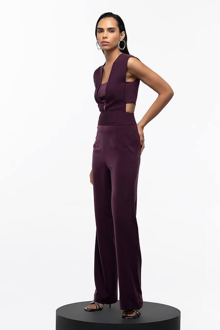 Shop_Intrinsic India_Purple Crepe Blend Plain Square Neck Mia Jumpsuit _Online_at_Aza_Fashions