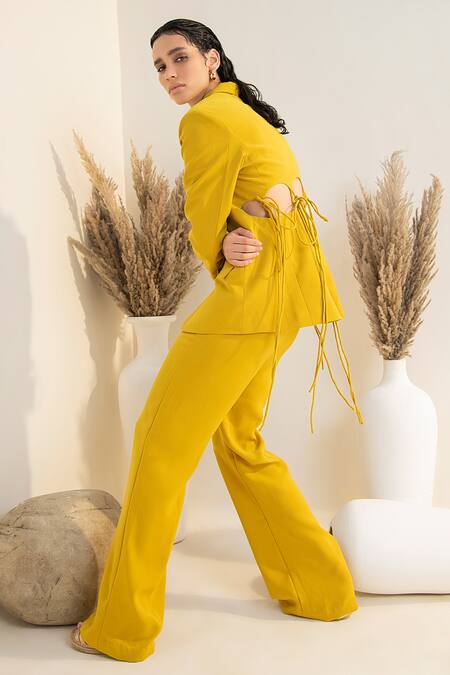 Intrinsic India_Yellow Banana Crepe Plain Lapel Collar Penelope Blazer With Pant _Online_at_Aza_Fashions