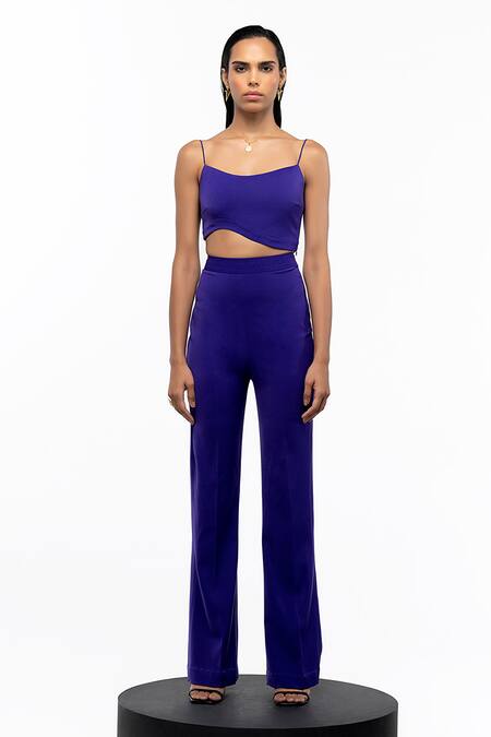Buy_Intrinsic India_Purple Crepe Blend Solid Round Cayla Crop Top And Pant Set _Online_at_Aza_Fashions