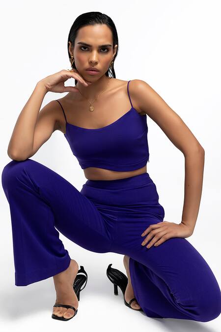 Intrinsic India_Purple Crepe Blend Solid Round Cayla Crop Top And Pant Set _at_Aza_Fashions