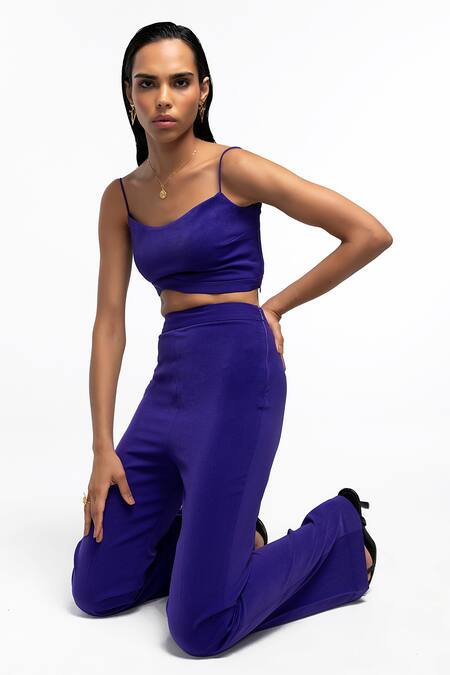 Buy_Intrinsic India_Purple Crepe Blend Solid Round Cayla Crop Top And Pant Set 