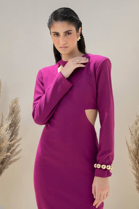 Buy_Intrinsic India_Magenta Crepe Blend Solid High Neck Ciara Midi Dress _Online_at_Aza_Fashions
