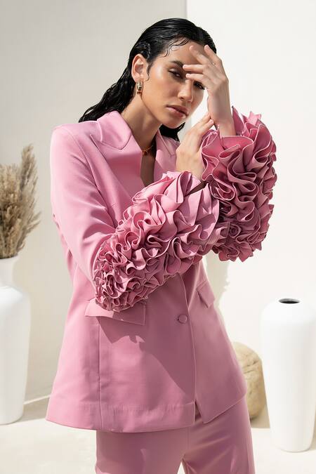 Buy_Intrinsic India_Pink Banana Crepe Lapel Collar Avery Suit And Pant Set _Online_at_Aza_Fashions
