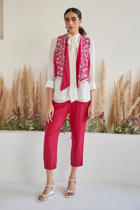 Twenty Nine Red Georgette Embroidery, Mirrors Open Neck Parsi Gara Floral Jacket Online at Aza Fashions Twenty Nine_Red Georgette Embroidery, Mirrors Open Neck Parsi Gara Floral Jacket _Online_at_Aza_Fashions