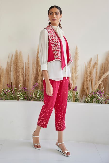 Buy Twenty Nine Red Georgette Embroidery, Mirrors Open Neck Parsi Gara Floral Jacket Online at Aza Fashions Buy_Twenty Nine_Red Georgette Embroidery, Mirrors Open Neck Parsi Gara Floral Jacket _Online_at_Aza_Fashions