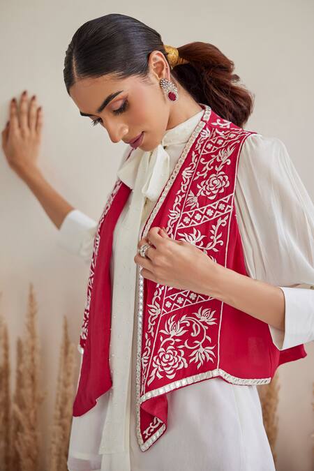 Shop Twenty Nine Red Georgette Embroidery, Mirrors Open Neck Parsi Gara Floral Jacket Online at Aza Fashions Shop_Twenty Nine_Red Georgette Embroidery, Mirrors Open Neck Parsi Gara Floral Jacket _Online_at_Aza_Fashions