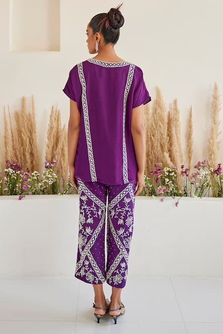 Shop Twenty Nine Purple Crepe Embroidery Round Neck Floral Parsi Gara Shirt at Aza Fashions Shop_Twenty Nine_Purple Crepe Embroidery Round Neck Floral Parsi Gara Shirt _at_Aza_Fashions