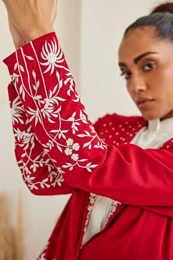 Shop Twenty Nine Red Crepe Embroidery Floral Gara Coat Online at Aza Fashions Shop_Twenty Nine_Red Crepe Embroidery Floral Gara Coat _Online_at_Aza_Fashions