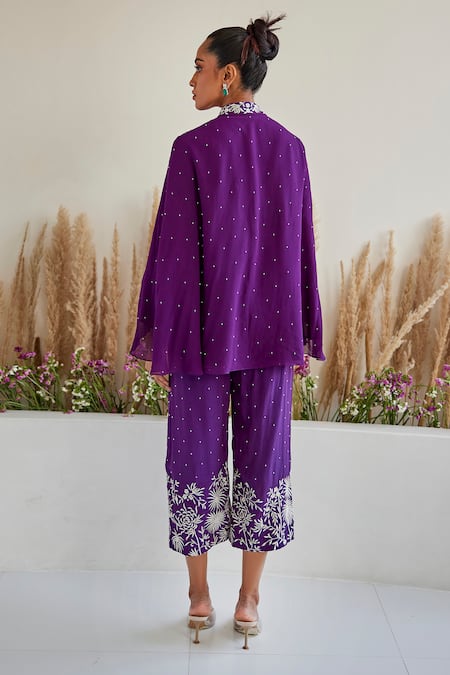 Shop Twenty Nine Purple Crepe Embroidery Mandarin Collar Gara Floral Cape Jacket at Aza Fashions Shop_Twenty Nine_Purple Crepe Embroidery Mandarin Collar Gara Floral Cape Jacket _at_Aza_Fashions