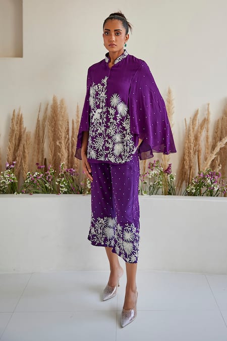 Twenty Nine Purple Crepe Embroidery Mandarin Collar Gara Floral Cape Jacket Online at Aza Fashions Twenty Nine_Purple Crepe Embroidery Mandarin Collar Gara Floral Cape Jacket _Online_at_Aza_Fashions