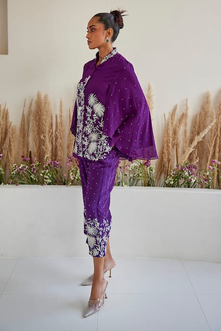 Buy Twenty Nine Purple Crepe Embroidery Mandarin Collar Gara Floral Cape Jacket Online at Aza Fashions Buy_Twenty Nine_Purple Crepe Embroidery Mandarin Collar Gara Floral Cape Jacket _Online_at_Aza_Fashions
