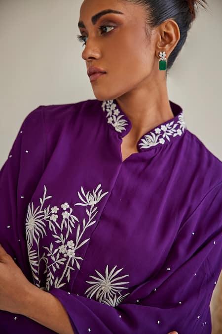 Shop Twenty Nine Purple Crepe Embroidery Mandarin Collar Gara Floral Cape Jacket Online at Aza Fashions Shop_Twenty Nine_Purple Crepe Embroidery Mandarin Collar Gara Floral Cape Jacket _Online_at_Aza_Fashions
