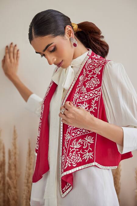 Shop_Twenty Nine_White Georgette Pearls Mandarin Collar Placed Embellished Shirt _Online_at_Aza_Fashions