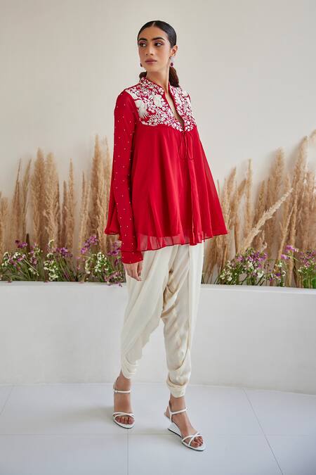Twenty Nine_Red Crepe Embroidery Mandarin Collar Gara Yoke Top _Online_at_Aza_Fashions