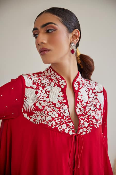 Shop_Twenty Nine_Red Crepe Embroidery Mandarin Collar Gara Yoke Top _Online_at_Aza_Fashions