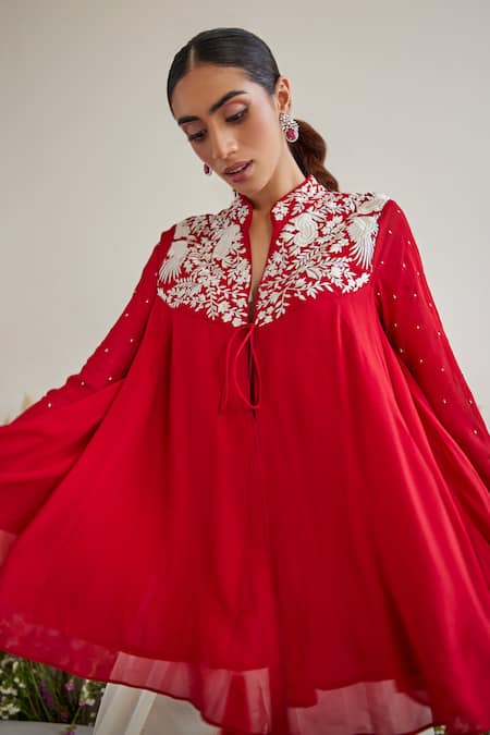 Twenty Nine_Red Crepe Embroidery Mandarin Collar Gara Yoke Top _at_Aza_Fashions