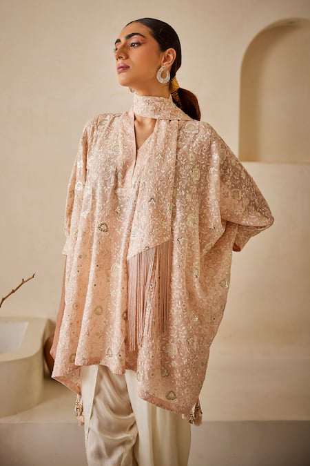 Twenty Nine Pink Georgette Embroidered Chikankari V-neck Tasselled Kaftan 