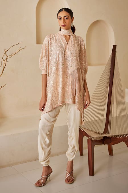 Twenty Nine Pink Georgette Sequins, Tassels V-neck Chikankari Embroidered Kaftan Online at Aza Fashions Twenty Nine_Pink Georgette Sequins, Tassels V-neck Chikankari Embroidered Kaftan _Online_at_Aza_Fashions
