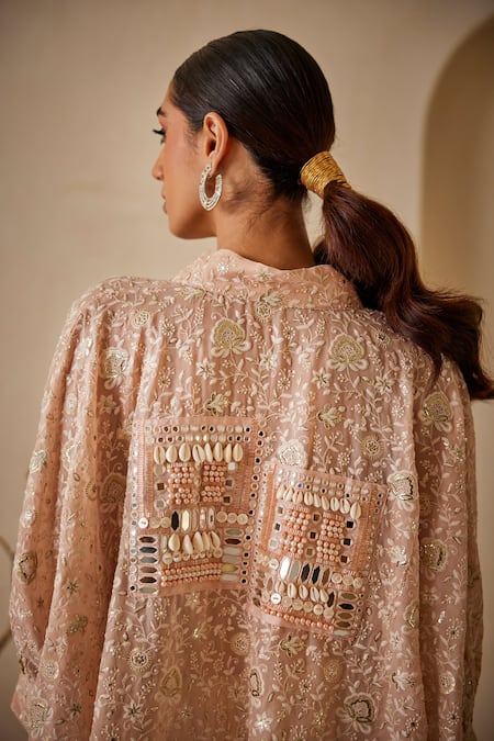 Shop Twenty Nine Pink Georgette Sequins, Tassels V-neck Chikankari Embroidered Kaftan Online at Aza Fashions Shop_Twenty Nine_Pink Georgette Sequins, Tassels V-neck Chikankari Embroidered Kaftan _Online_at_Aza_Fashions