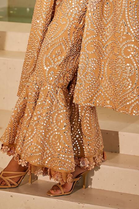 Shop_Twenty Nine_Beige Georgette Hand Embroidered Mirror Work Sharara Pant _Online_at_Aza_Fashions