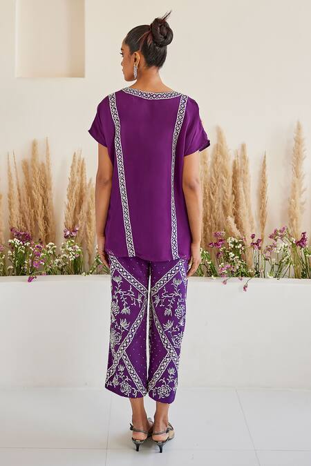 Shop_Twenty Nine_Purple Crepe Embroidery Parsi Gaara Grid Pant _at_Aza_Fashions