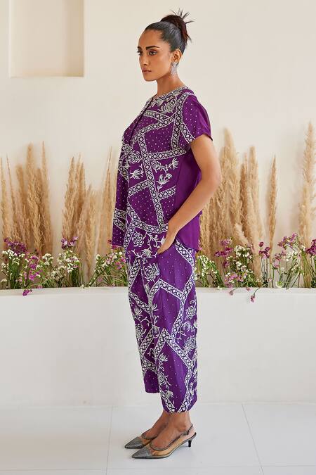 Buy_Twenty Nine_Purple Crepe Embroidery Parsi Gaara Grid Pant _Online_at_Aza_Fashions