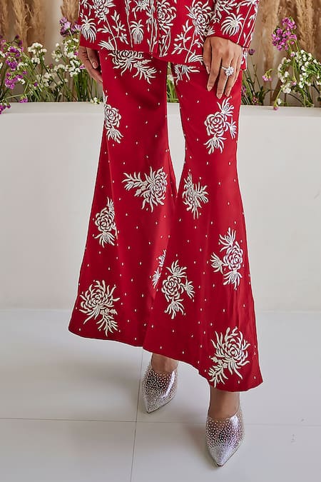 Twenty Nine_Red Crepe Embroidery, Mirrors Parsi Gaara Palazzo _Online_at_Aza_Fashions